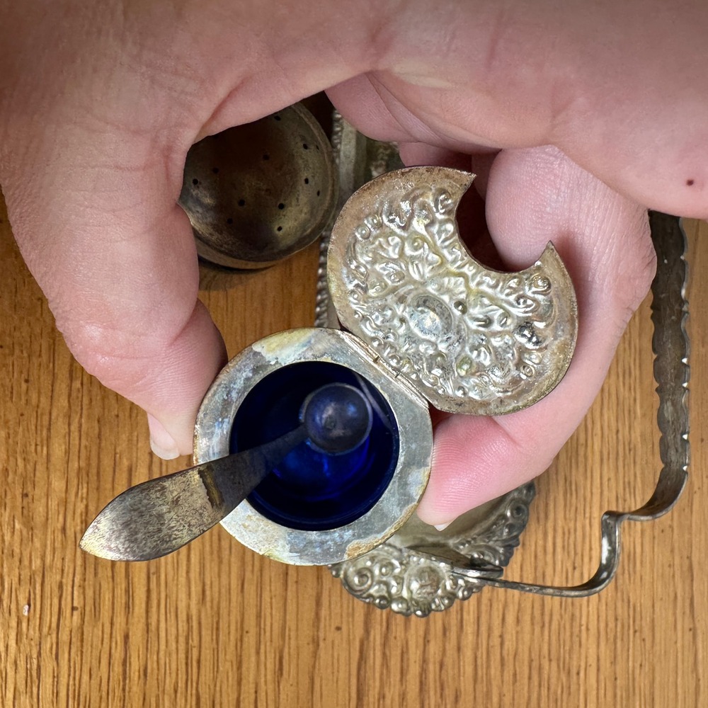 Victorian Era Antique Silver Plated Cobalt Blue Condiment Serving Caddy - Picture 14 of 16